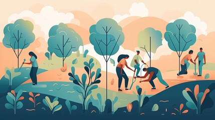 Illustration of a group of people planting trees in a barren field Generative AI