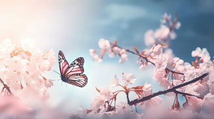Beautiful butterfly flying on Cherry Blossom in a blue sky background Generative AI
