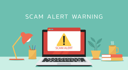 computer scam alert warning sign notification on laptop screen, vector flat illustration - obrazy, fototapety, plakaty