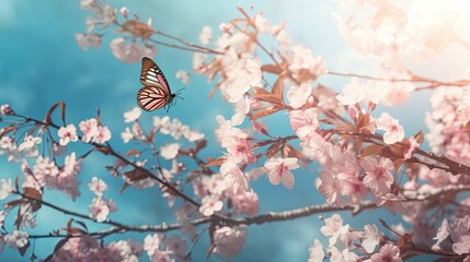 Beautiful butterfly flying on Cherry Blossom in a blue sky background Generative AI
