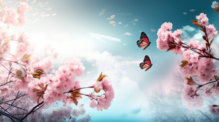 Beautiful butterfly flying on Cherry Blossom in a blue sky background Generative AI
