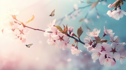 Beautiful butterfly flying on Cherry Blossom in a blue sky background Generative AI

