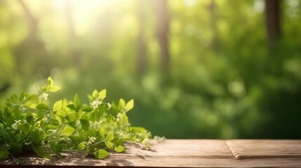 Wooden planks on green grass with a blurred background with space to place products Generative AI