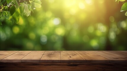 Wooden planks on green grass with a blurred background with space to place products Generative AI
