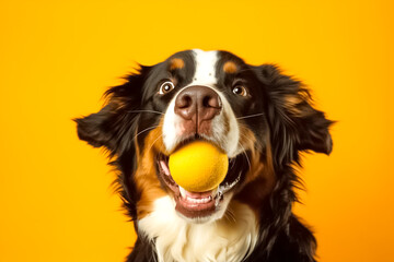 Funny Bernese mountain dog playing with ball on color background.

