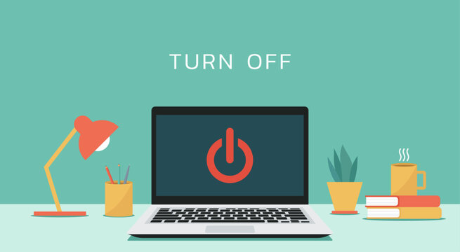laptop with turn off button icon on screen, vector flat illustration