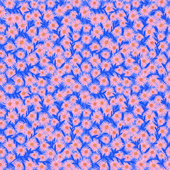 modern bright background with pink flowers and ultramarine leaves. endlessly scattered inflorescences. vibrating color floral pattern.