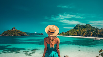 Fototapeta na wymiar A slender young woman explores a beautiful tropical island. Back view. Generative AI