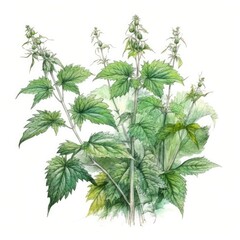 Nettles in watercolor style with ink outline on white background (generative AI)