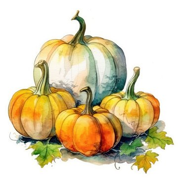 Pumpkins in watercolor style with ink outline on white background (generative AI)