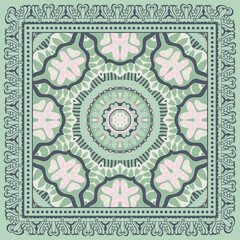 Decorative doodle ornament, symmetric pattern with lace frame. Tribal ethnic mandala decor. Bandana shawl, hijab, tablecloth fabric print, silk neck scarf, kerchief design. Colorful vector background