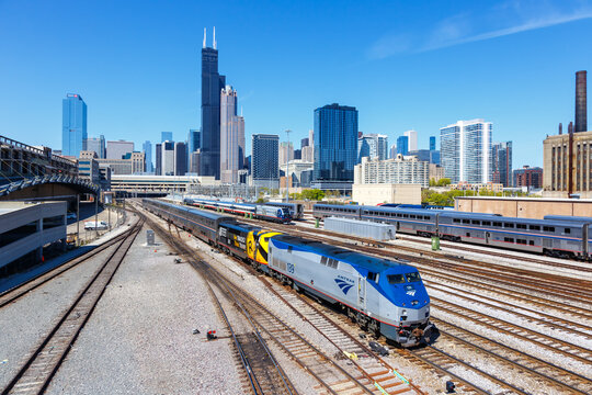 Skyline with an Amtrak train railway near Union Station in Chicago, United States