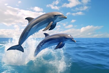 Playful Dolphins Leaping in Blue Ocean. AI