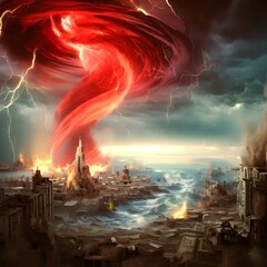 A fire tornado over a flooded city that's being hit by lightning.