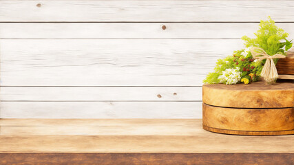 Background for products cosmetics, food or jewellery. Rustic wood pieces podium. Front view, generative ai - obrazy, fototapety, plakaty
