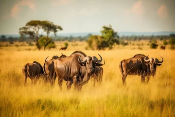 Deurstickers African Buffalo Herd Grazing in Savannah. AI © Usmanify