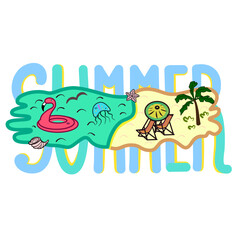  vector logo with text Summer and cute land ,sea and palm