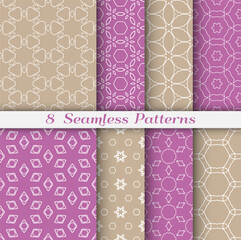 Seamless pattern set in arabic style. Stylish geometric line art white on colorful background. Repeating hexagonal texture for wallpaper, card, invitation, banner, fabric print. Tribal ethnic ornament