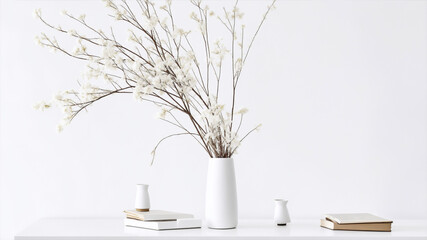 White desk with minimal vase with a decorative dried branches, flower against white wall, generative ai,