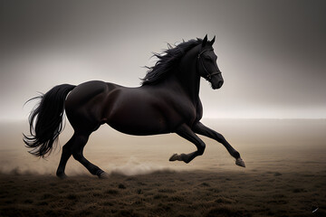 Obraz na płótnie Canvas Very beautiful Friesian horse while running in the field. Generative AI