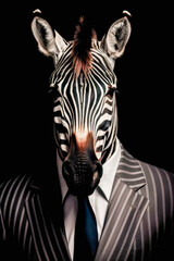 Fototapeta na wymiar Portrait of a zebra dressed in a formal business suit, Generative AI
