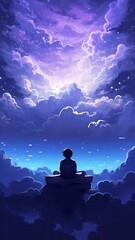 Naklejka na ściany i meble Lonely guy sitting over clouds, Generative AI illustrations
