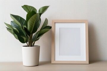 Empty picture frame standing on cabinet next to house plant