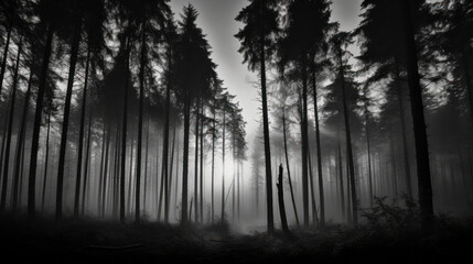 Silent Symphony: The Enchanting Silhouette of a Forest in Black and White. Generative AI