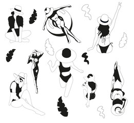 A set of beautiful girls resting on beach, enjoying vacation in black and white colors with hat, swmming ring, leaves, shirt in one line art on white background