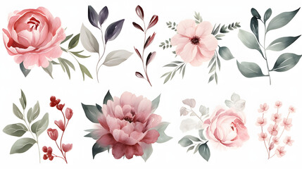 Watercolor floral illustration individual elements set - green leaves, burgundy pink peach blush white flowers, branches. Wedding invitations wallpapers fashion prints. Eucalyptus, olive, peony, rose.