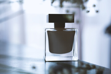 bottle of perfume essence on a white background with sunlight and shadow of leaves