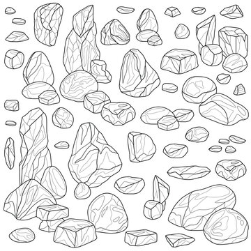 Stones set.Black and white outline illustration.Illustration isolated on white background.