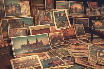 Vintage postcards and stamps collected. (Generative AI)