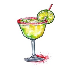 Margarita Cocktail isolated on white drawn with watercolor (generative AI)