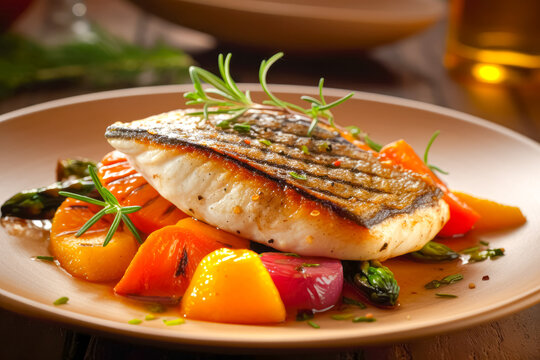 Grilled fish with vegetables served on plate. Restaurant food. Delicious food. Generative AI