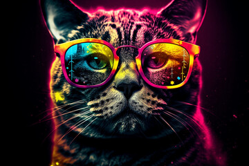 Fototapeta premium Colored cool and funny cat portrait with sun glasses. Ai generated