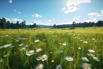 A flat green meadow in summer