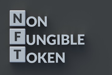 NFT inscription on cubes. Non-fungible token. Blockchain technology concept. Digital marketing. Modern art. Crypto artwork. Top view. 3d render