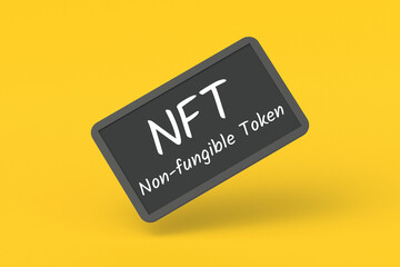 NFT inscription on chalkboard. Non-fungible token. Blockchain technology concept. Digital marketing. Modern art. Crypto artwork. 3d render