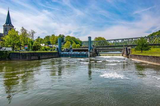 Sluice on the Meuse river Anseremme near Dinant Wallonia, Belgium.