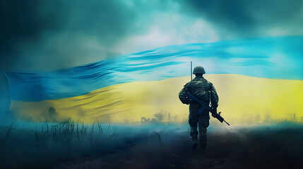 Obraz na płótnie Canvas ukrainan soldier marching for victory