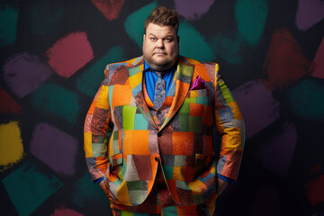 Obraz na płótnie Canvas A fat handsome middle-aged man in a patchwork multicolored suit and a blue shirt on colored background, AI Generated
