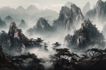 Tuinposter Traditional Chinese ink painting of an abstract landscape with misty mountains. Generative AI © Trinity