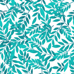 Blue seamless pattern leafs on while background.