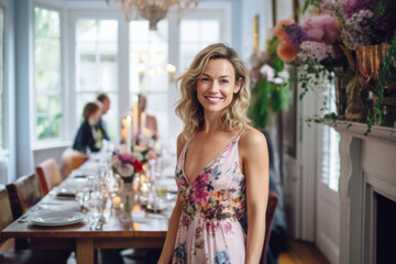 Woman posing in front of a formal dining table. Generative AI.