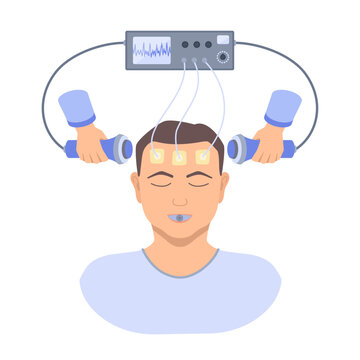 Electroconvulsive therapy for severe depression treatment. ECT electrodes placement on male patient. Brain stimulation equipment for bipolar and major depressive disorders. Vector medical illustration