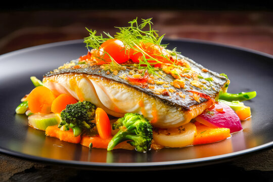 Grilled fish with vegetables served on plate. Restaurant food. Delicious food. Generative AI
