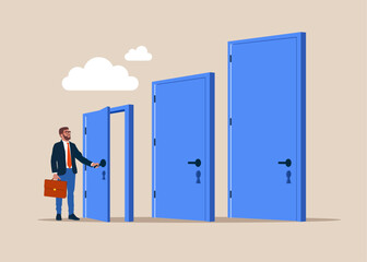 Career growth and development, steps to achieve goal, strategy. Businessman goes through door. Flat vector illustration