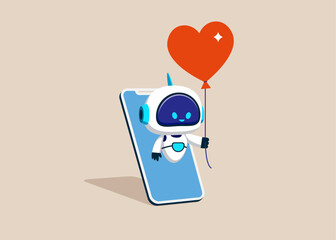 Cyborg with artificial intelligence holding a heart shaped balloon. Feelings of robots on smartphone screen. Flat vector illustration