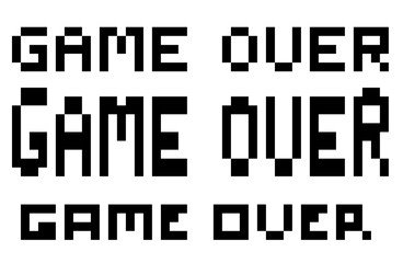 Game over title fonts in 3 variations. Transparent banner. Simple vintage retro video game style. Pixelated words.